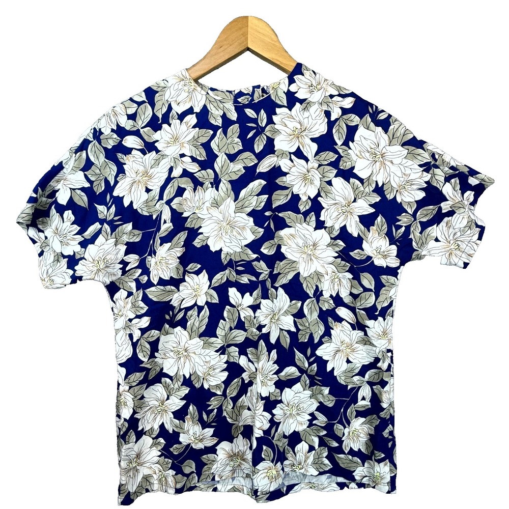 Pendleton Blouse Womens 8 Blue Vintage Floral Rayon Short Sleeve Top